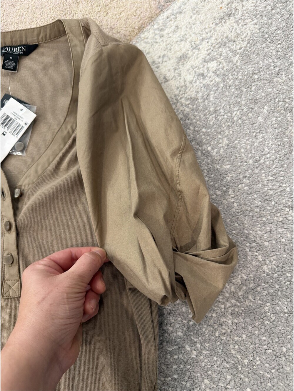 $165 Lauren Ralph Lauren Women's Belted Rib-Knit Puff-Sleeve Dress Tan Medium - Picture 6 of 15